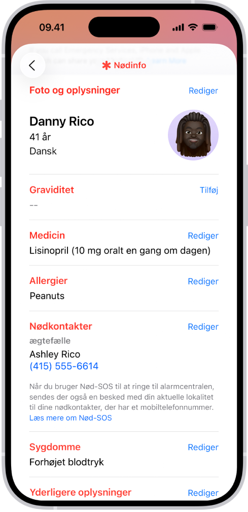Skærmen Nødinfo med oplysninger, herunder fødselsdato, medicin, allergier, nødkontakter og sygdomme.