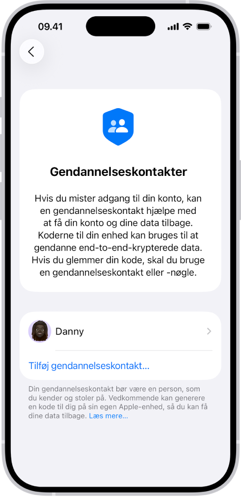Skærmen Tilføj gendannelseskontakt.