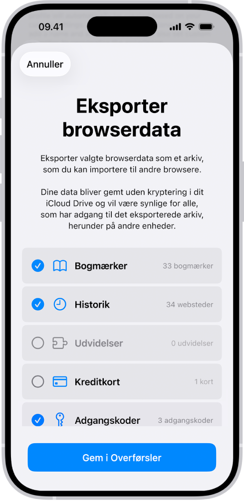 Skærmen Eksporter browserdata, som viser de data, der kan eksporteres fra Safari til en anden browser.