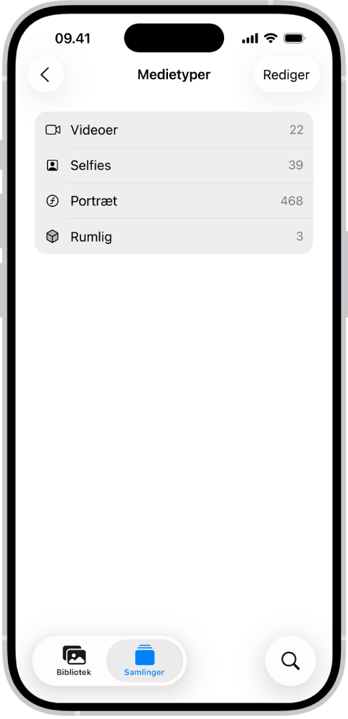 Samlingen Medietyper er åben i appen Fotos og viser en liste over samlinger af fotos.