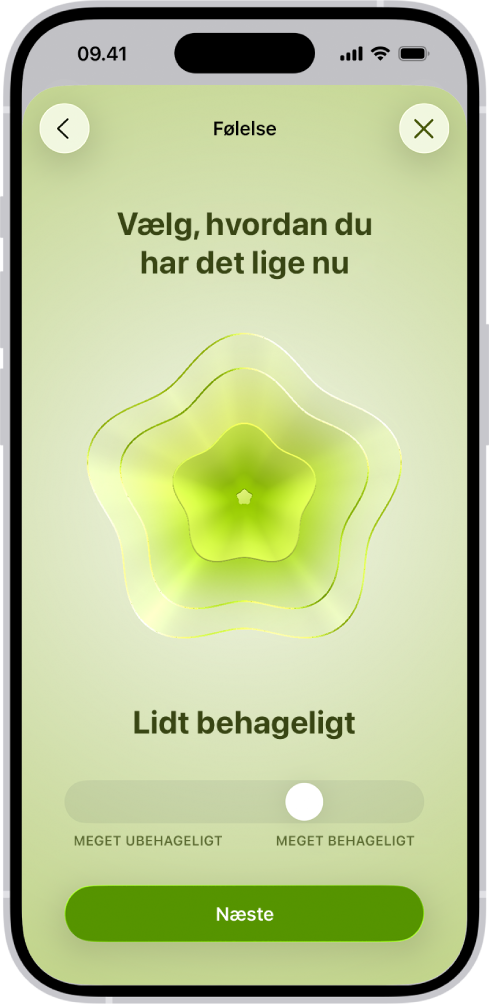 En skærm i appen Sundhed, der identificerer den aktuelle sindstilstand med ordene Lidt behageligt. Nederst på skærmen er der et mærke til justering af følelsens niveau.
