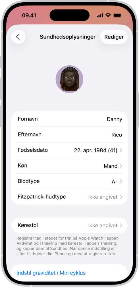 Skærmen Sundhedsoplysninger, som indeholder felter til navn, fødselsdato, blodtype og andre oplysninger.