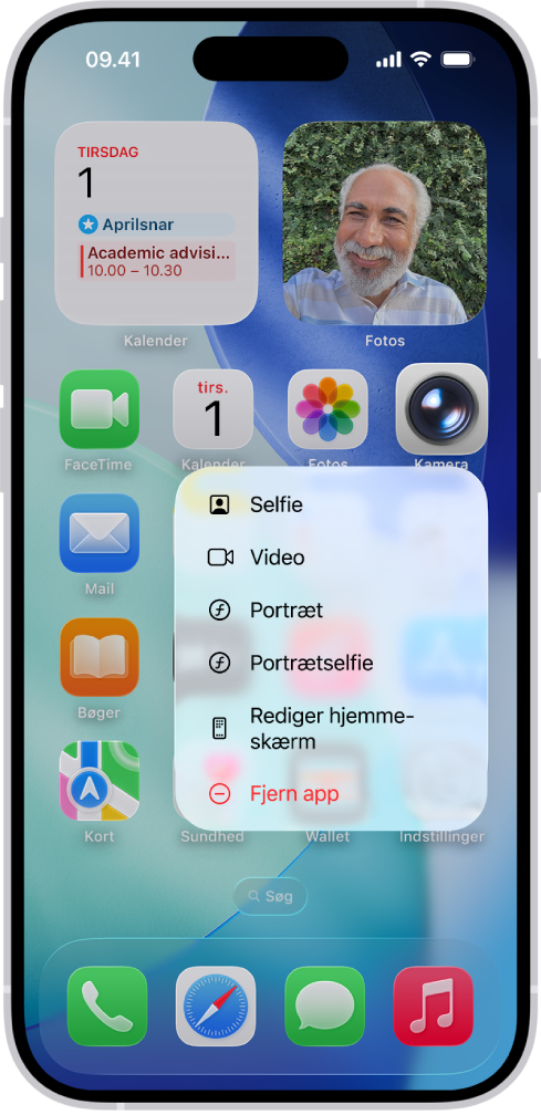 En sløret hjemmeskærm med menuen med hurtige kommandoer til Kamera vist under symbolet for appen Kamera.