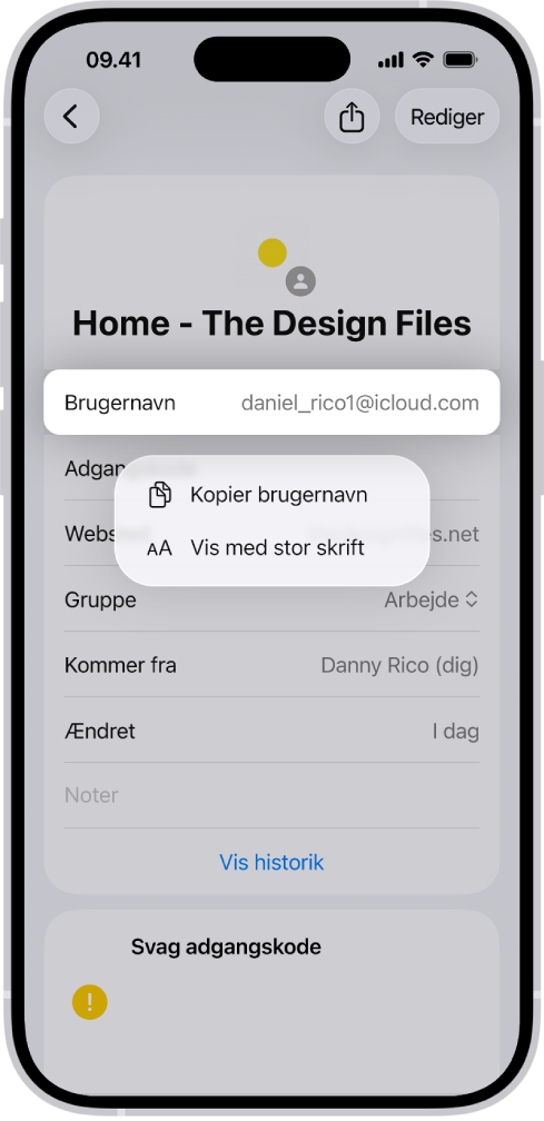 En kontoskærm, som viser brugernavnet fremhævet med mulighederne Kopier brugernavn og Vis med stor skrift.