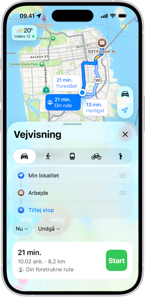 En iPhone, der viser et kort med flere ruter i bil til den samme destination. Hver rute viser den estimerede tid og afstand og knappen Start, der starter trinvis vejvisning. Farvekodning på hver rute angiver trafikforholdene.