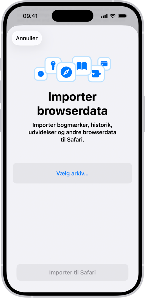 Skærmen Importer browserdata, der beder dig om at vælge et arkiv, der skal importeres.