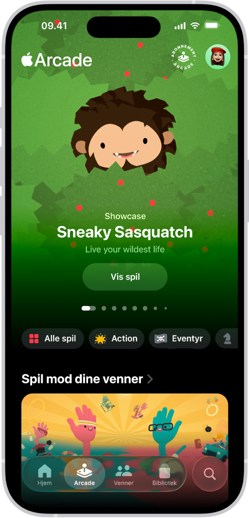 Appen Apple Games med fanen Arcade, som viser reklamegrafik for et vist spil. Nederst på skærmen vises faner til Hjem, Arcade, Venner, Bibliotek og Søg. Fanen Arcade er valgt.