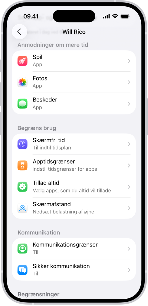 Skærmen for et barn i en familiedelingsgruppe viser sektionen Bed om mere tid.