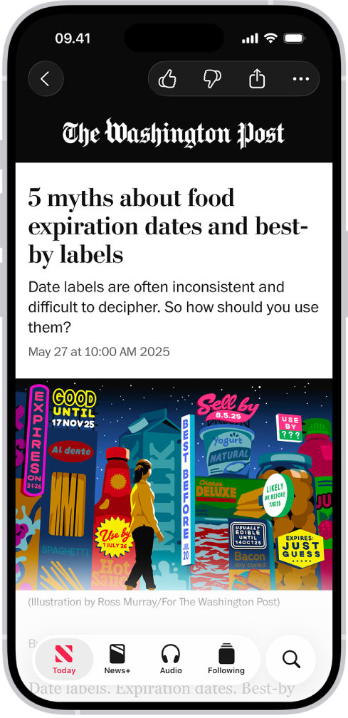 En nyhedshistorie i appen News. Blandt fanerne i bunden er Today valgt.