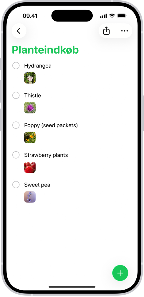 Appen Påmindelser, der viser en liste med fotos i hver påmindelse.
