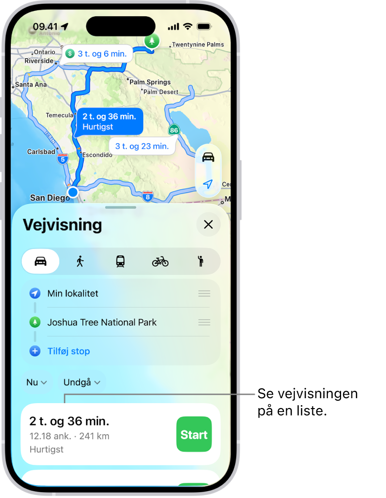Et kort med flere ruter.