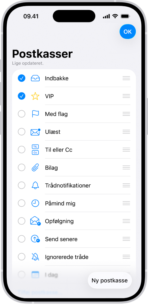 Skærmen til redigering af Postkasser. Valgfrie postkasser vises fra top til bund med et afkrydsningsfelt til venstre for hver mulighed. Nederst til højre på skærmen findes en knap, der hedder Ny postkasse.