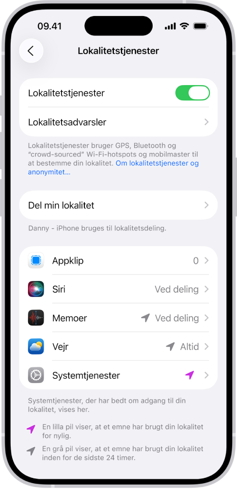 Skærmen Lokalitetstjenester med indstillinger til at dele lokaliteten for din iPhone med apps.