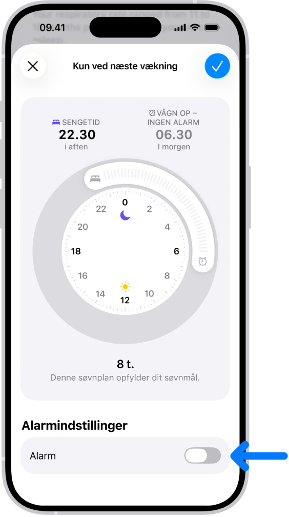 Skærmen Kun ved næste vækning i Sundhed med alarmen slået fra nederst.