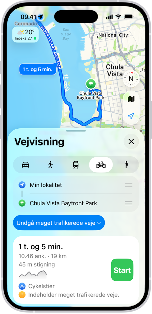 Et kort, der viser muligheder for cykelruter. Rutekortet i bunden giver detaljer, herunder anslåede rejsetider, højdeforskelle og vejtyper. Knappen Start vises til højre for detaljerne.