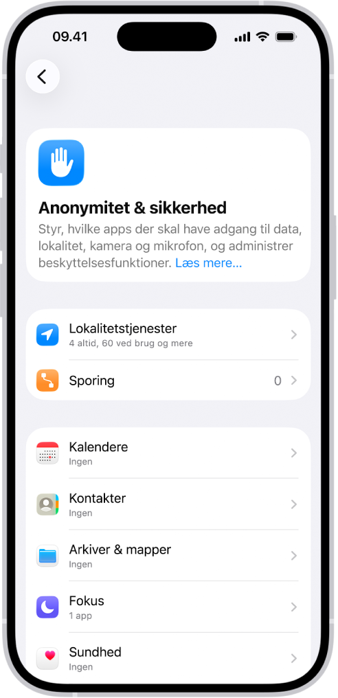 Skærmen Anonymitet & sikkerhed i Indstillinger.