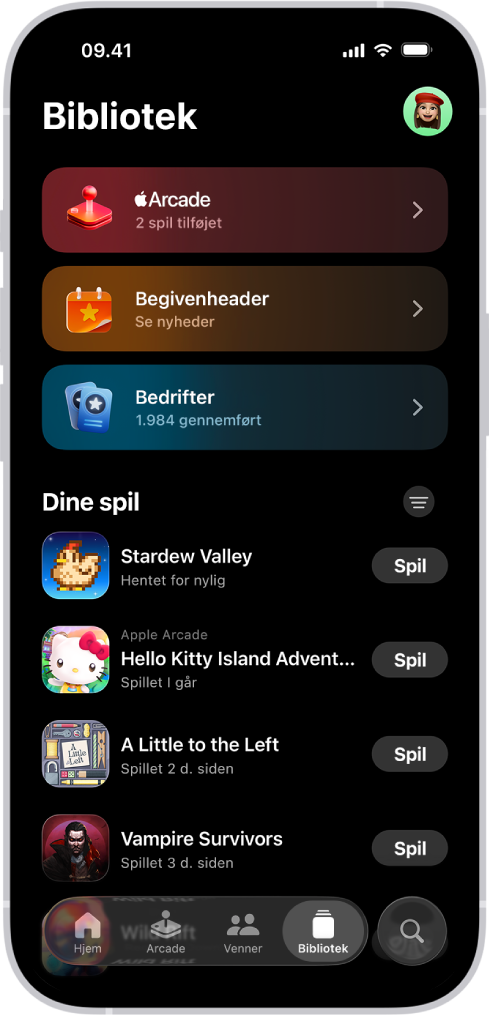 Appen Apple Games viser fanen Bibliotek med afsnit til Apple Arcade, spilbegivenheder, bedrifter og en rulleliste over senest spillede og hentede spil.