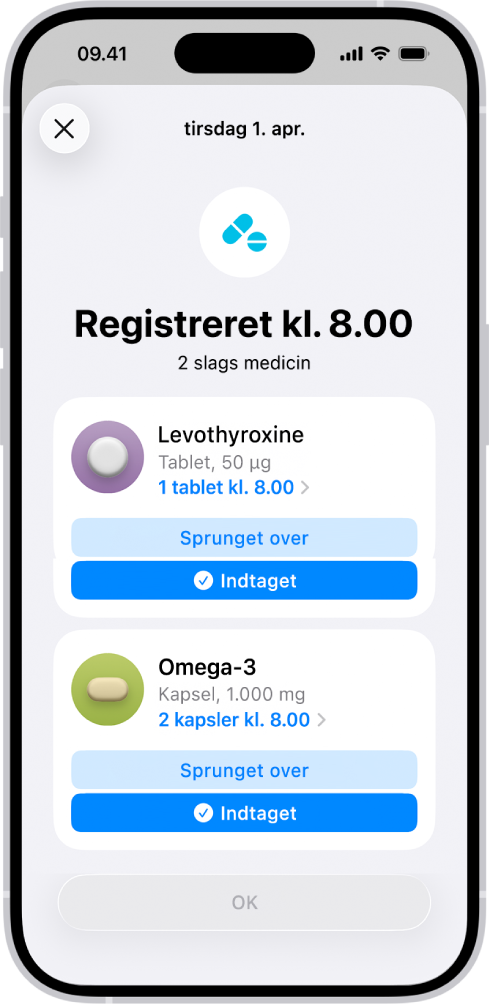 Skærmen Medicin i Sundhed, der viser et logarkiv for medicin.