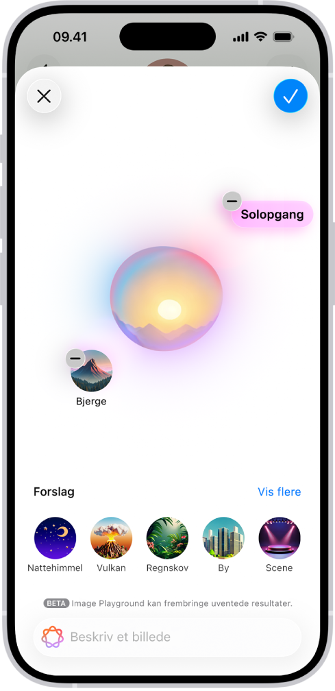 Vinduet Image Playground i appen Beskeder viser en oprettet baggrund.
