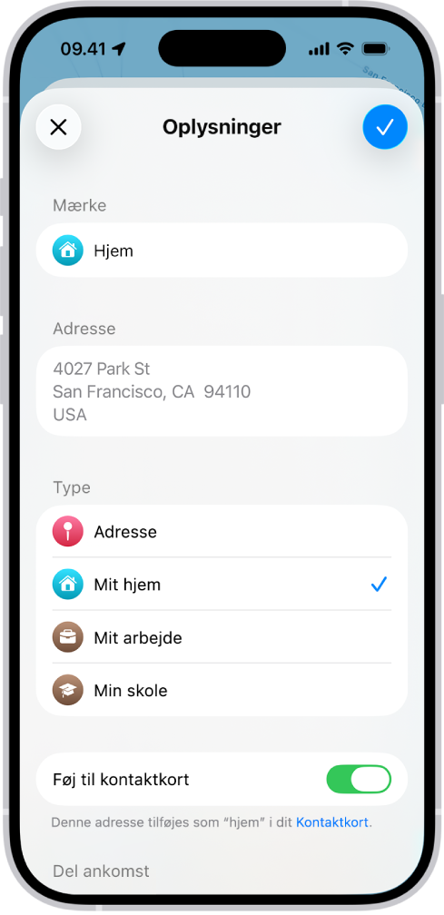 Appen Kort, der viser skærmen Oplysninger, hvor der er muligheder for at indstille en adresse som hjem, arbejde eller skole.