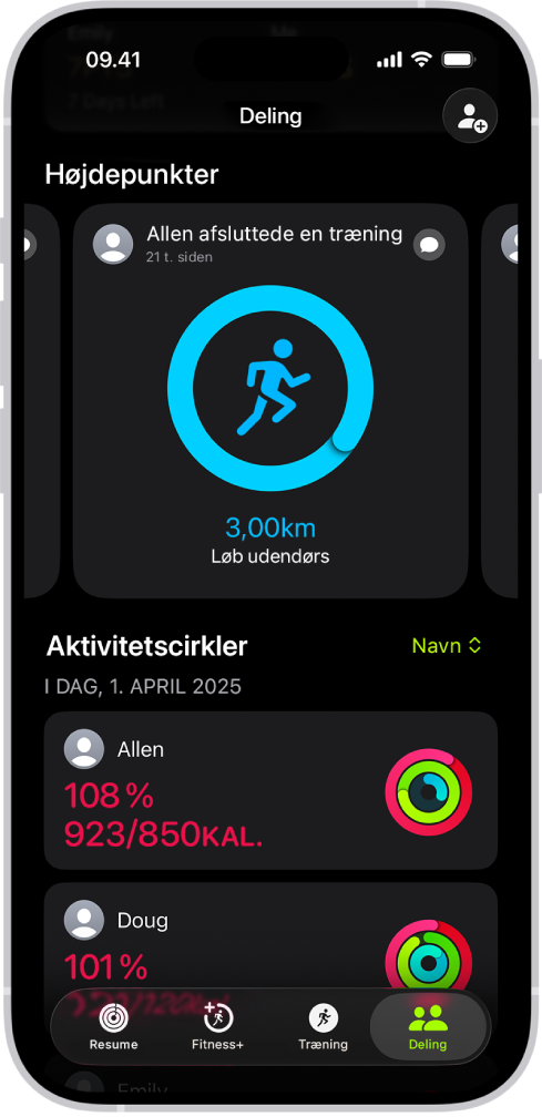 Delingsskærmen i Fitness med aktivitetscirkler og aktivitetsmarkeringer, der deles mellem en person og dennes venner.
