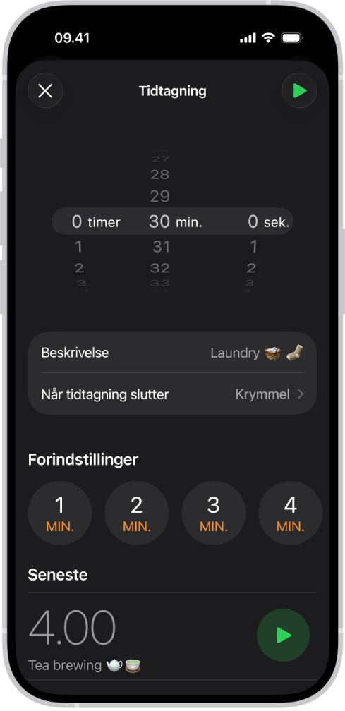 En skærm til tilføjelse af en tidtagning, med indstillinger til indstilling af en tidtagning og en knap til at starte en nyligt oprettet tidtagning.