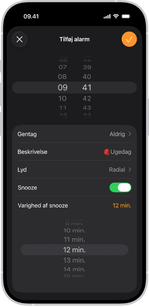 Skærmen Tilføj alarm i appen Ur. Snooze er slået til, og varigheden af snooze er indstillet til en tilpasset tid på 12 minutter.