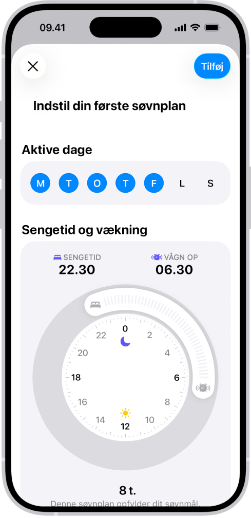 Skærmen Indstil din første søvnplan i Sundhed med sektionen Aktive dage og et ur for Sengetid og Vågn op.