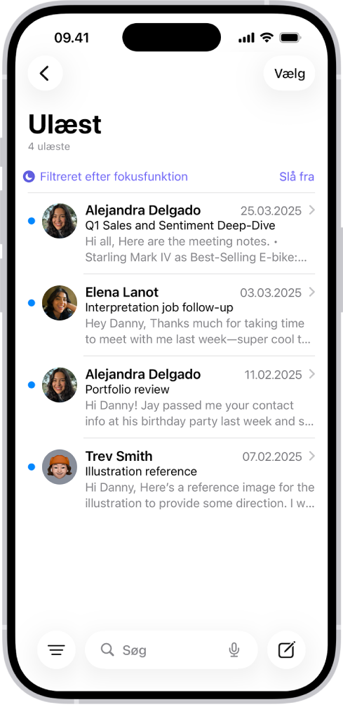 Indbakken, der viser en liste med beskeder. Over listen med beskeder findes mærket Filtreret efter fokusfunktion, og til højre for det står der Slå fra.