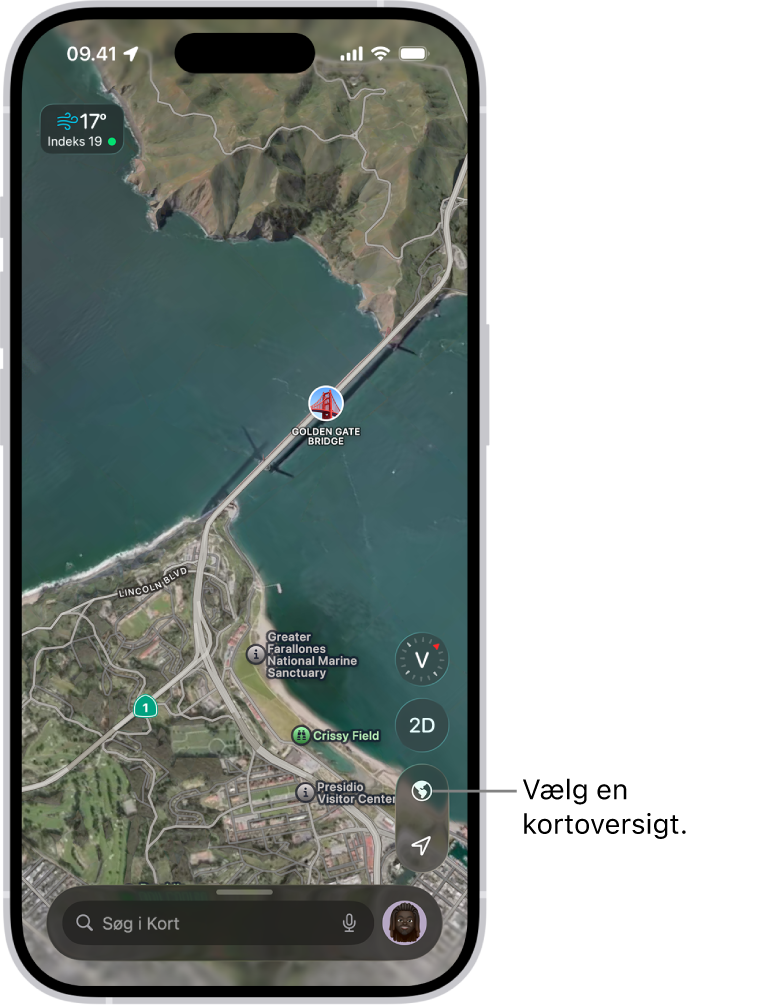 Et 3D-kort over gader og parker, der viser træer, interessepunkter og lokaliteter som toiletter.