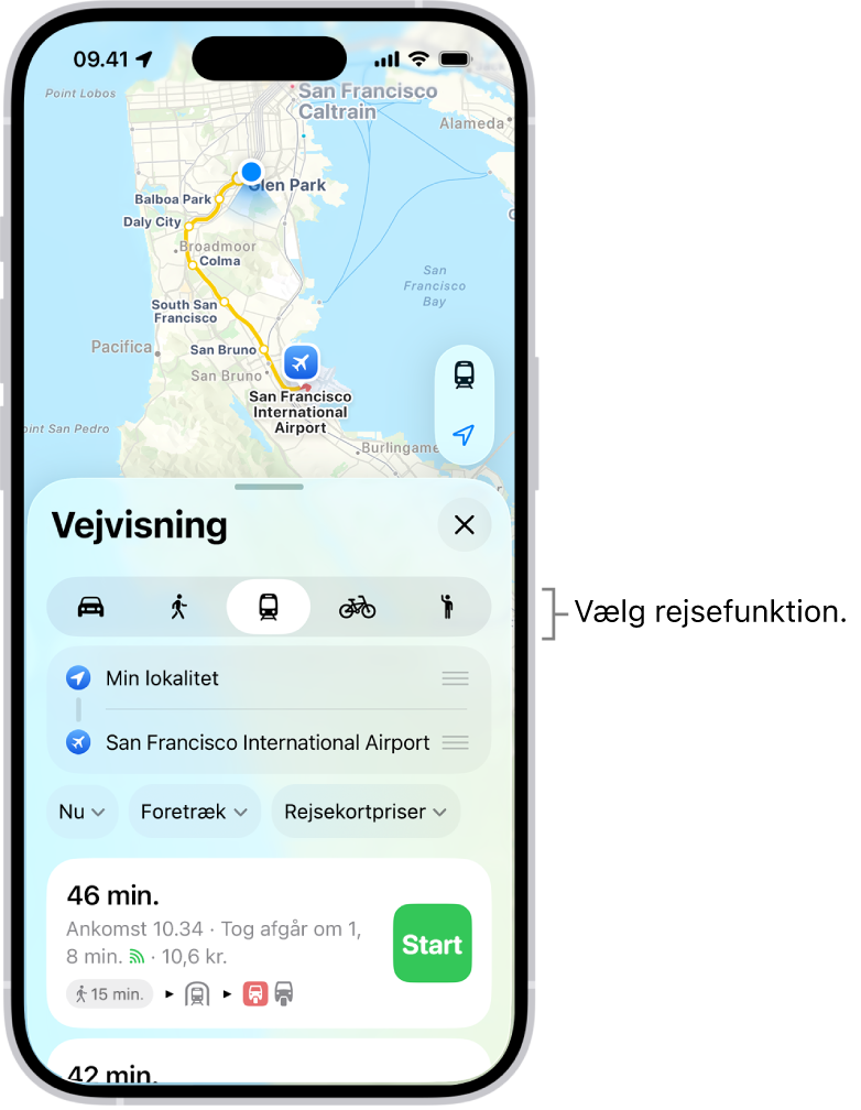 Et kort, der viser flere ruter mellem to steder og knapper til at vælge andre rejseformer, skifte startpunkt og destination og se trinvis vejvisning.