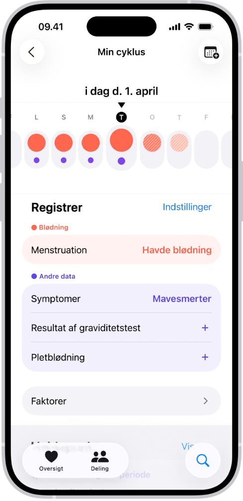 Øverst på skærmen Min cyklus vises tidslinjen for en uge. Udfyldte røde cirkler og lilla prikker markerer de første 5 dage på tidslinjen. Under tidslinjen er der muligheder for at tilføje oplysninger om menstruationer, symptomer m.m.