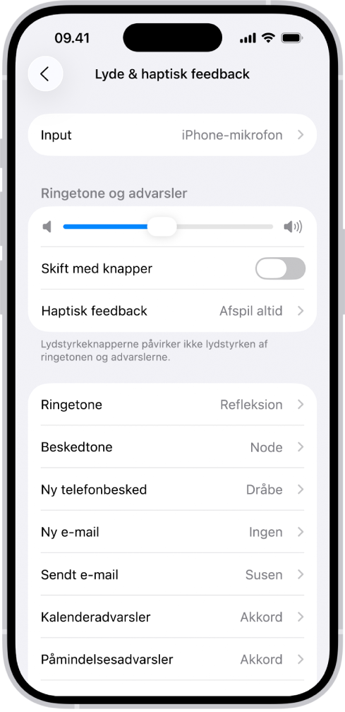 Skærmen Lyde og haptisk feedback i Indstillinger.