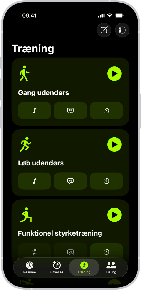 Træningsskærmen i Fitness viser tre træningstyper. Knapper til at registrere en træning og oprette forbindelse til en pulsmåler findes øverst på skærmen.