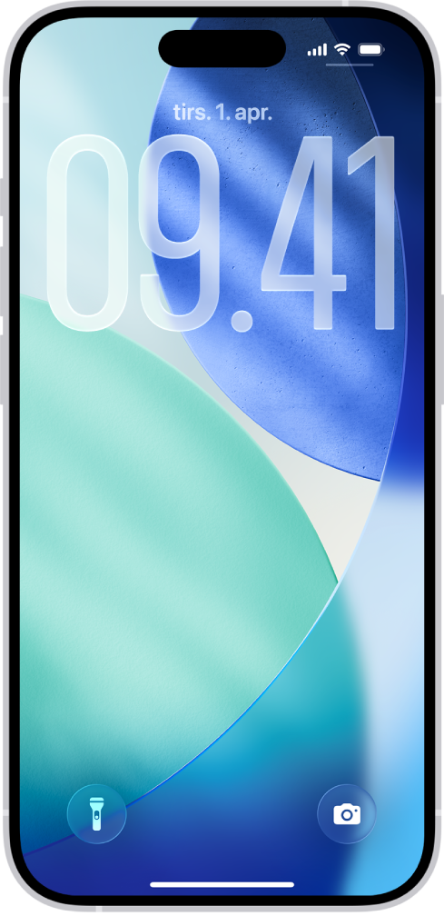 Låseskærmen på iPhone med klokkeslæt og dato øverst og symboler for Lommelygte og Kamera nederst.