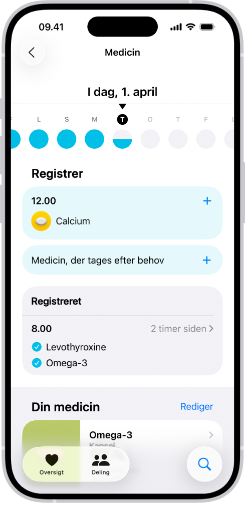 Skærmen Medicin i Sundhed viser datoen og et logarkiv for medicin.