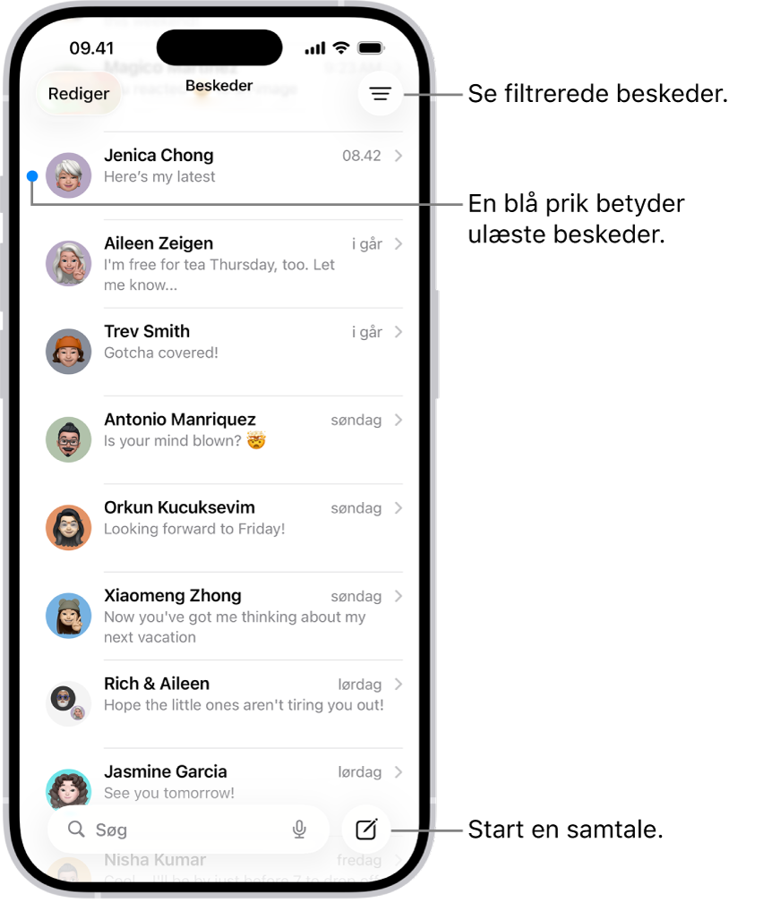 Samtalelisten i Beskeder med knappen Ny besked nederst til højre. En blå prik til venstre for en besked betyder, at den ikke er læst.