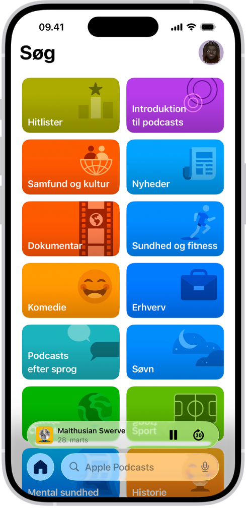 Fanen Søg i appen Podcasts, der viser podcastkategorier. Nederst på skærmen er miniafspilleren. Derunder er knapperne Hjem, Ny, Bibliotek og Søg.