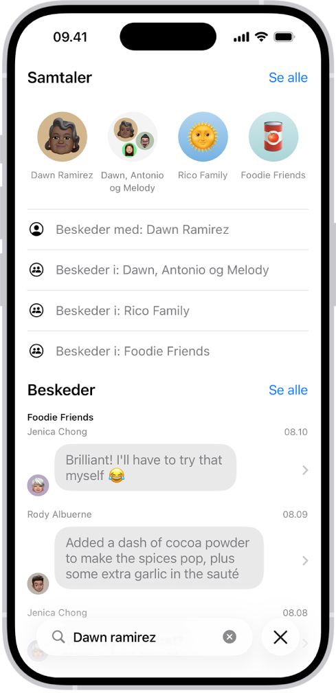 Søgefeltet i appen beskeder vises nederst på skærmen. Søgefeltet indeholder navnet på en person, og over det vises der flere muligheder, der matcher søgningen.