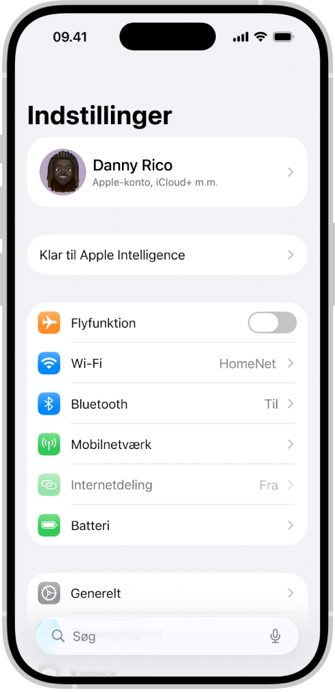 Skærmen Indstillinger, der viser, at iPhone har forbindelse til et Wi-Fi-netværk med navnet HomeNet.