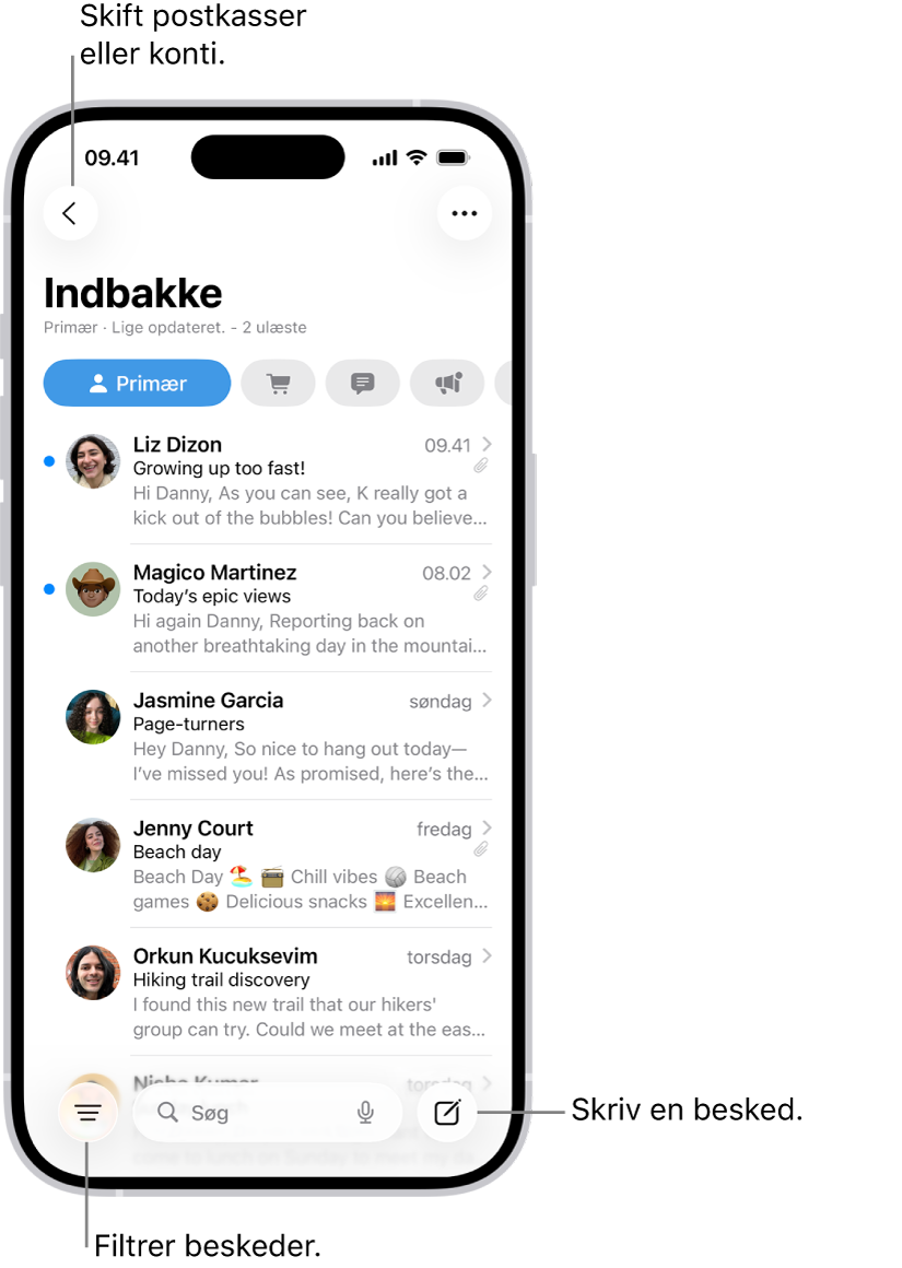 Indbakken i Mail, der viser en liste med e-mails.