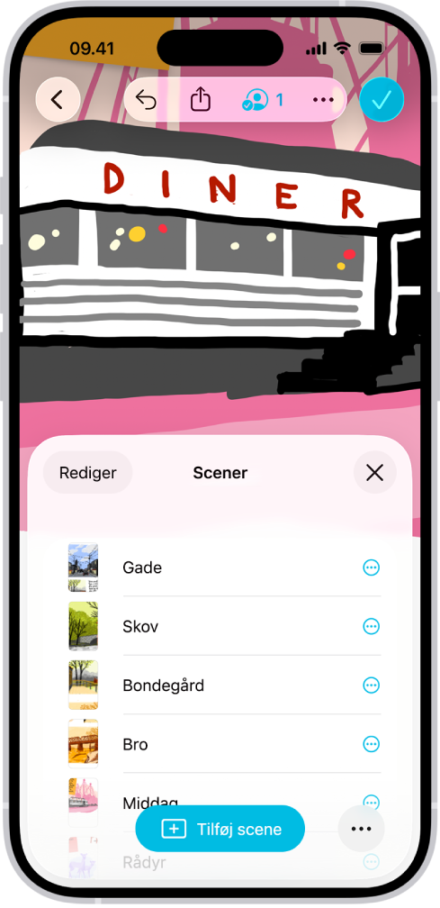 En Freeform-tavle med scenenavigatoren åben og flere gemte scener.