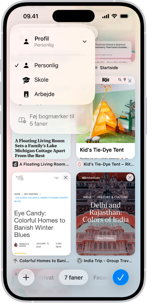 En iPhone-skærm, der viser åbne faner og en menu med profilerne Personlig, Skole og Arbejde. Profilen Personlig er valgt.