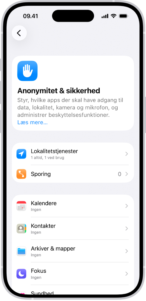 Skærmen Anonymitet & sikkerhed med indstillinger til Lokalitetstjenester og Sporing og indstillinger til at styre, hvilke apps der kan få adgang til dine data.