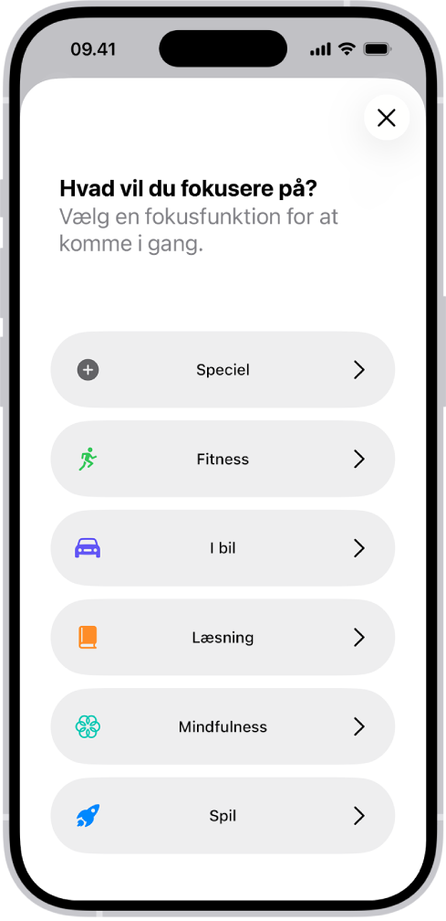 En indstillingsskærm i Fokus med de ekstra indbyggede fokusfunktioner, herunder Speciel, I bil, Motionerer, Spil, Mindfulness og Læsning.