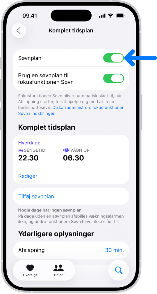 Søvnskærmen Komplet tidsplan i Sundhed med Søvnplan slået til øverst.