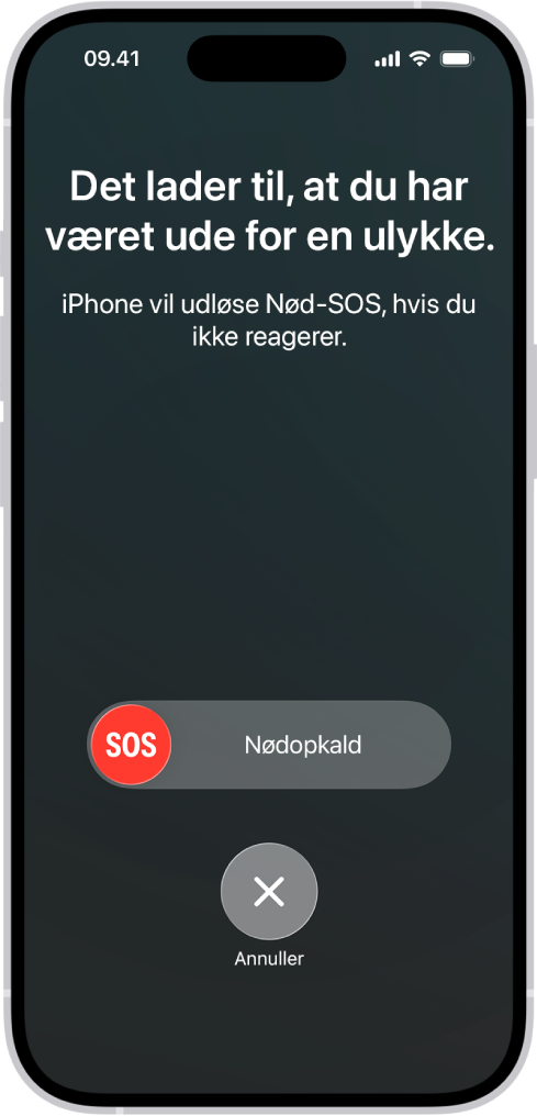 Skærmen Registrering af ulykke viser en notifikation om, at du har været involveret i en ulykke, og nedenunder ses mærket Nød-SOS med knappen Annuller.