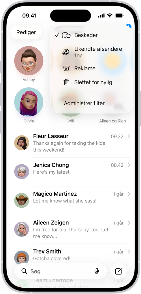 En samtaleliste i Beskeder. Alle beskeder vises, da der ikke er valgt et filter på menuen Filter.