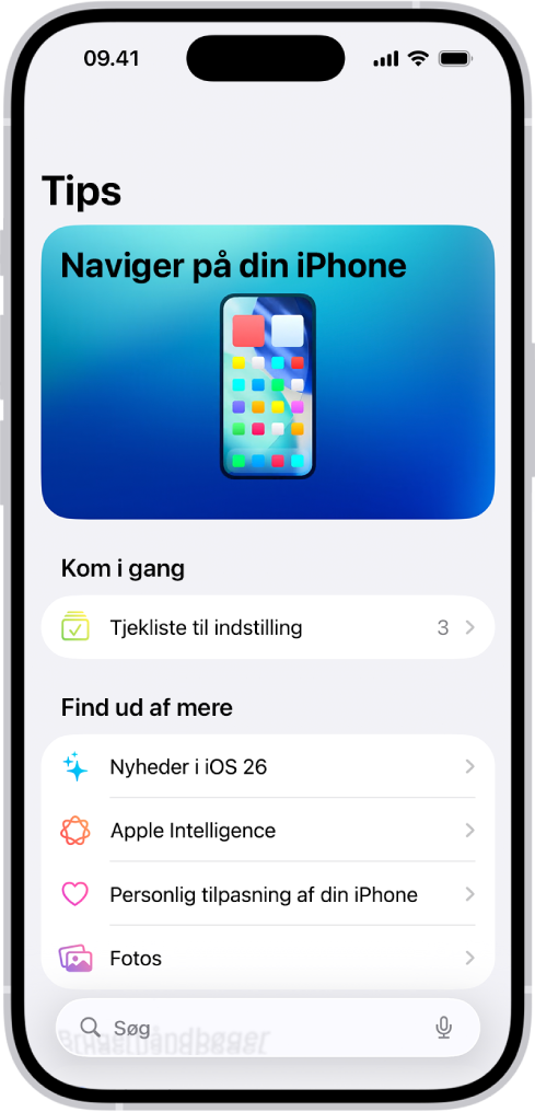 En skærm med en samling af tips med pile, der angiver, at du kan trykke på en samling for at se tippene i den.