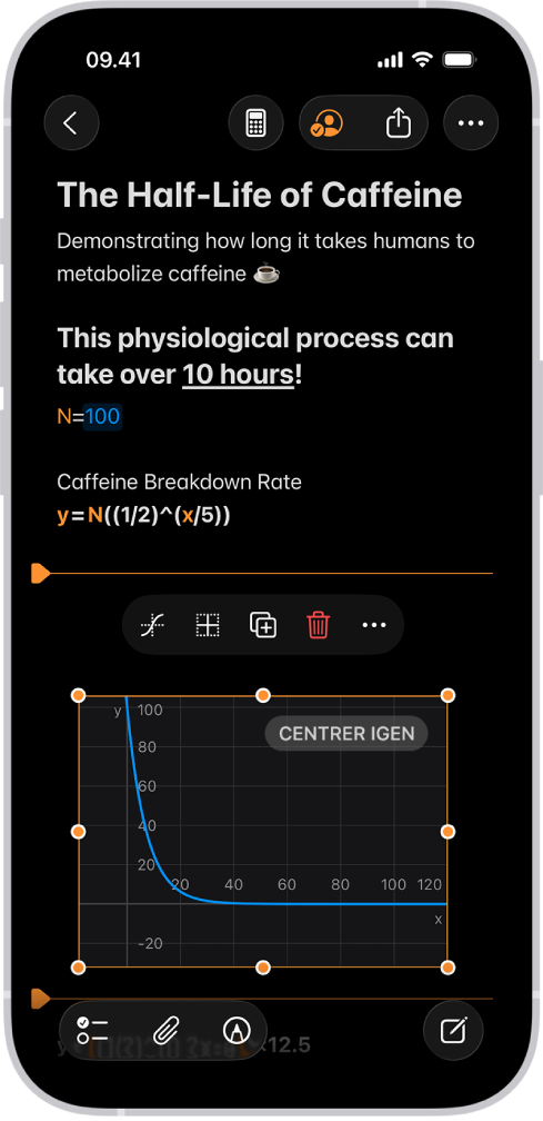 En matematiknote, som er åben i Lommeregner, med en angivet variabel, en ligning og en graf.